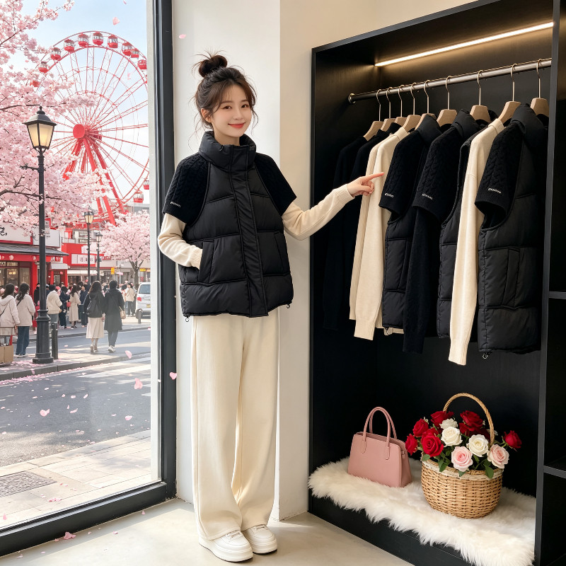 短袖针织拼接设计感立领宽松休闲小个子保暖防寒棉服马夹外套女潮