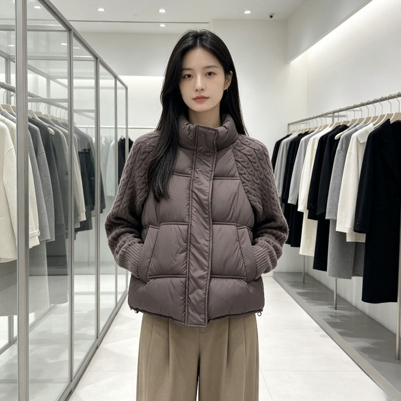 针织麻花袖子拼接设计感立领休闲宽松大码小个子棉服外套女气质潮