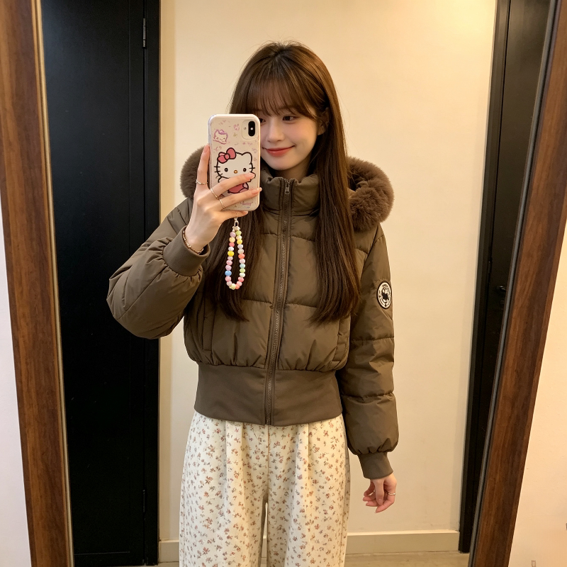 欧货大毛领连帽加厚保暖防寒短款宽松小个子棉服外套女面包服棉袄