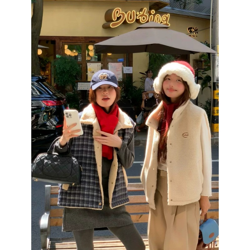 两面穿设计感立领羊羔毛格纹休闲宽松小个子棉服马夹外套女无袖潮