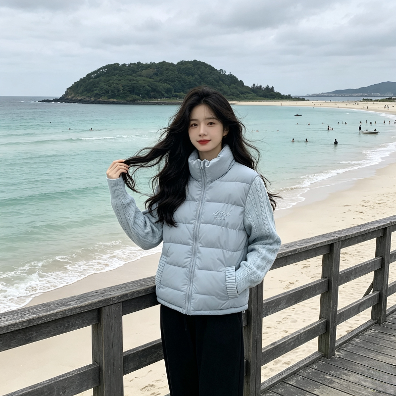 温柔风针织麻花袖子拼接休闲宽松小个子大码棉服外套女百搭气质潮