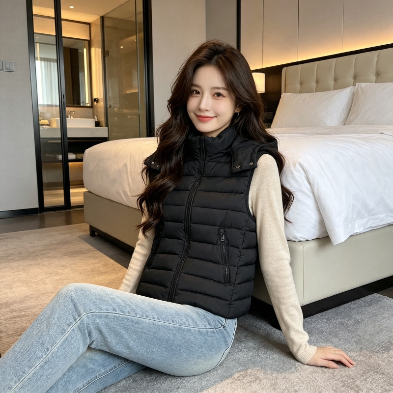 秋冬修身显瘦轻薄款设计感连帽无袖坎肩排骨服棉衣马夹外套女减龄