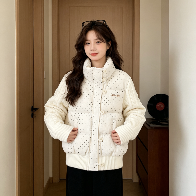 秋冬立领设计感休闲宽松波点减龄针织麻花袖拼接棉服外套女面包服
