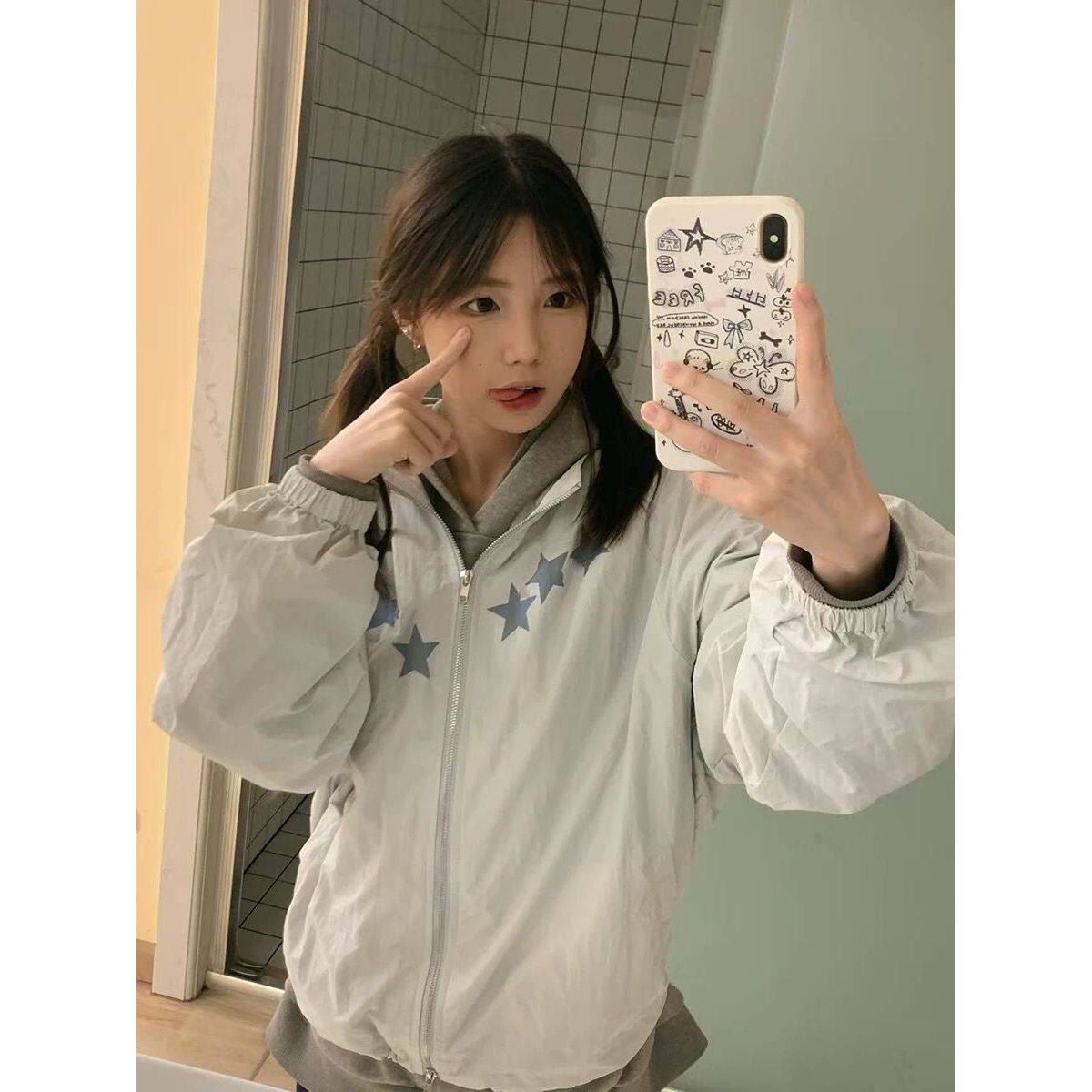 星星防晒外套女夏季薄款冰丝透气宽松大码慵懒风休闲立领空调罩衫