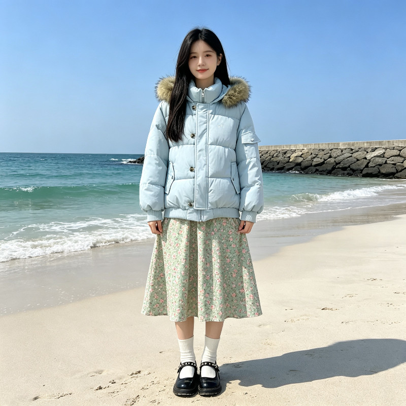 冬季大毛领慵懒风水蓝色减龄宽松大码小个子棉服外套女面包服棉袄