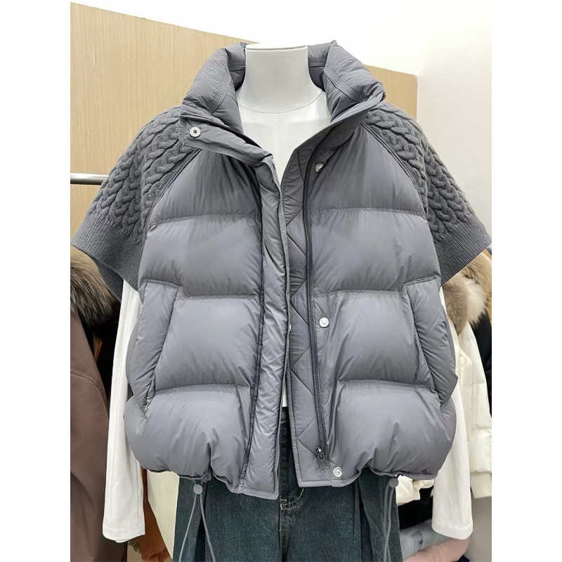 欧货针织袖子拼接设计感休闲宽松小个子立领短袖棉服马夹外套女潮