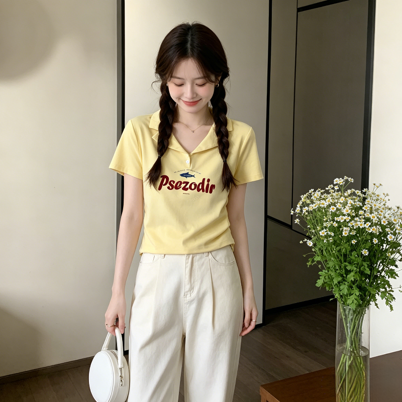 设计感温柔风polo衫翻领短袖T恤女夏季掐腰修身显瘦小个子上衣潮