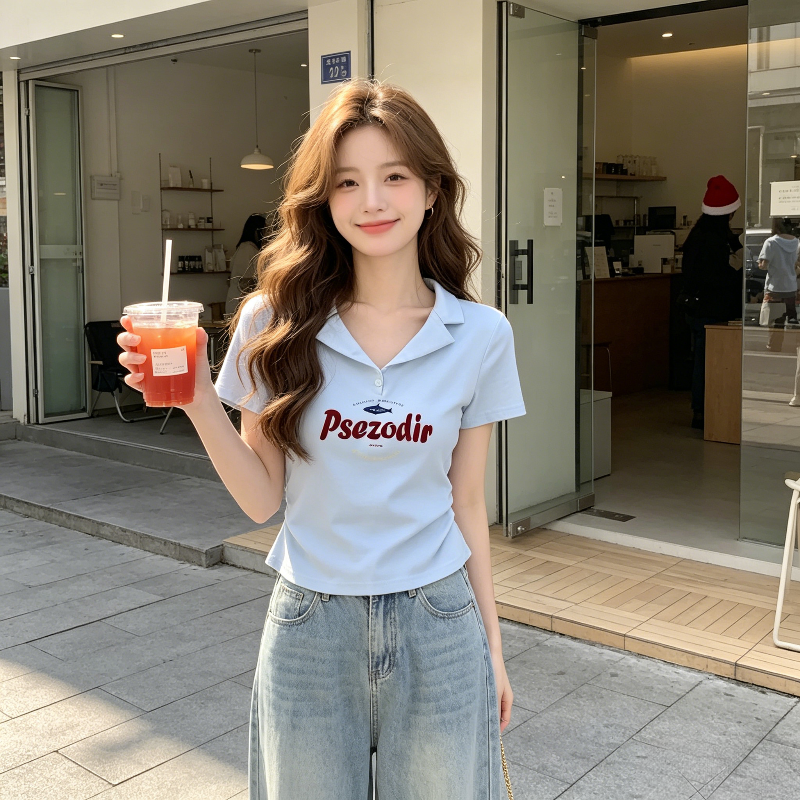 Polo衫翻领短款设计感掐腰显瘦小个子短袖T恤女修身减龄百搭上衣