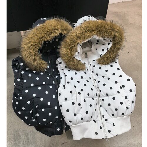 秋冬波点连帽毛领减龄小个子短款气质棉服马夹外套女百搭洋气休闲