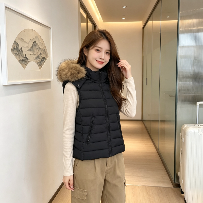 欧货大毛领排骨服马夹外套女秋冬设计感修身显瘦小个子无袖棉服潮