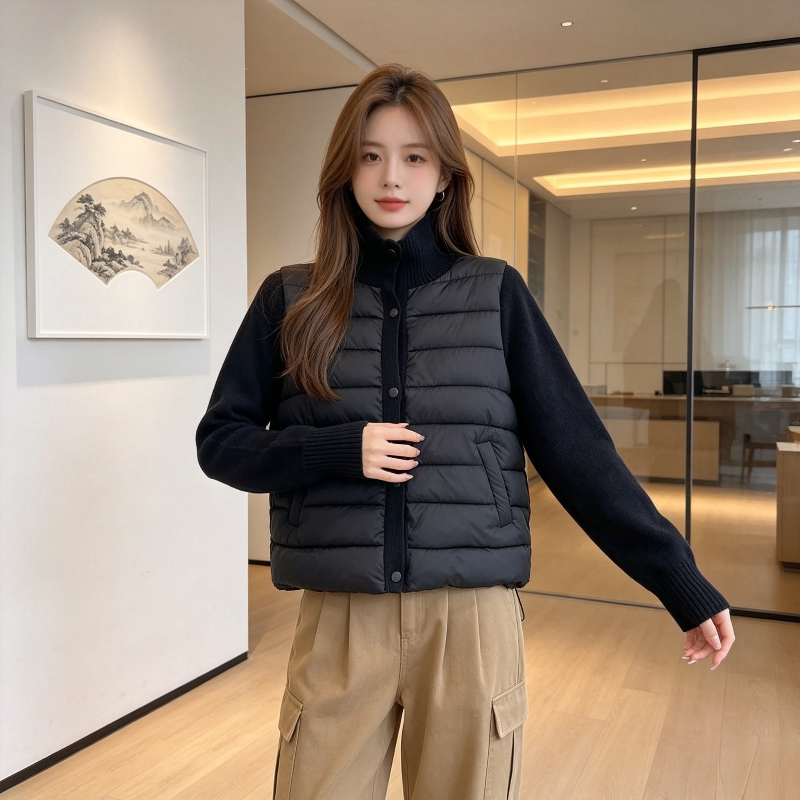 欧货立领设计感针织袖子拼接宽松小个子轻薄保暖防寒排骨服棉衣女