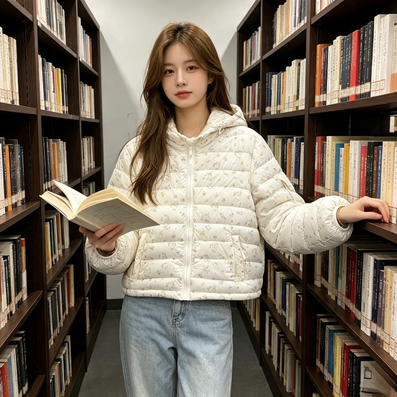 小碎花设计感连帽秋冬轻薄款休闲百搭小个子保暖防寒棉服排骨服潮