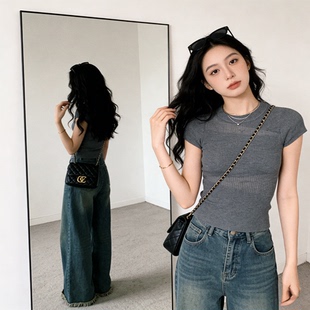 镂空短袖针织衫女夏季新款设计感小众T恤圆领正肩修身高级感上衣