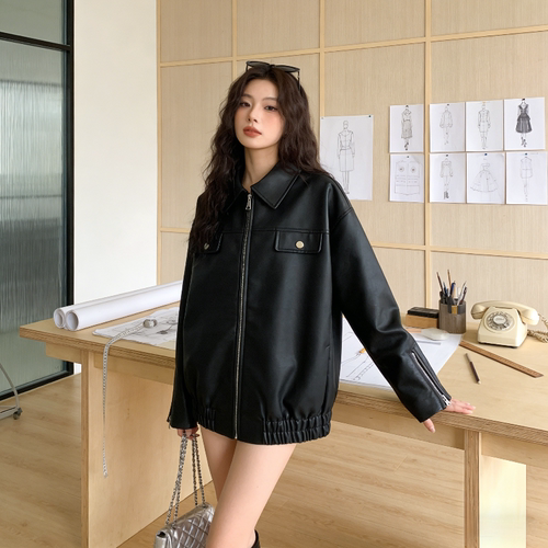 免洗亮面设计感宽松大码小个子翻领皮衣外套女休闲百搭机车夹克潮