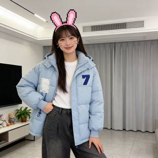 雾霾蓝冬季慵懒风连帽加厚保暖防寒宽松大码小个子棉服外套女棉袄