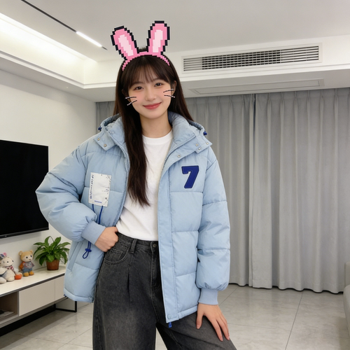 雾霾蓝冬季慵懒风连帽加厚保暖防寒宽松大码小个子棉服外套女棉袄