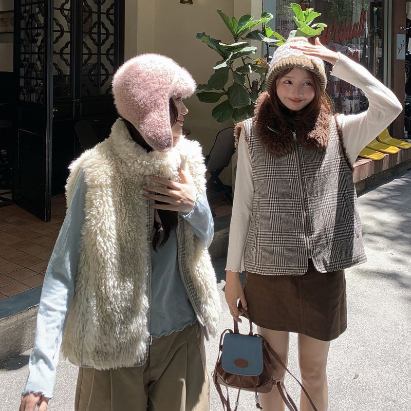 双面两穿羊羔毛格纹设计感休闲保暖防寒秋冬无袖坎肩棉服马夹女潮