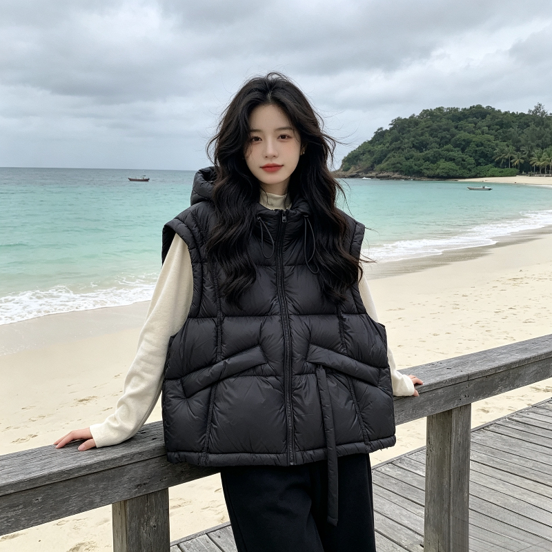 秋冬慵懒风设计感宽松大码小个子连帽无袖坎肩加厚棉服马夹外套女