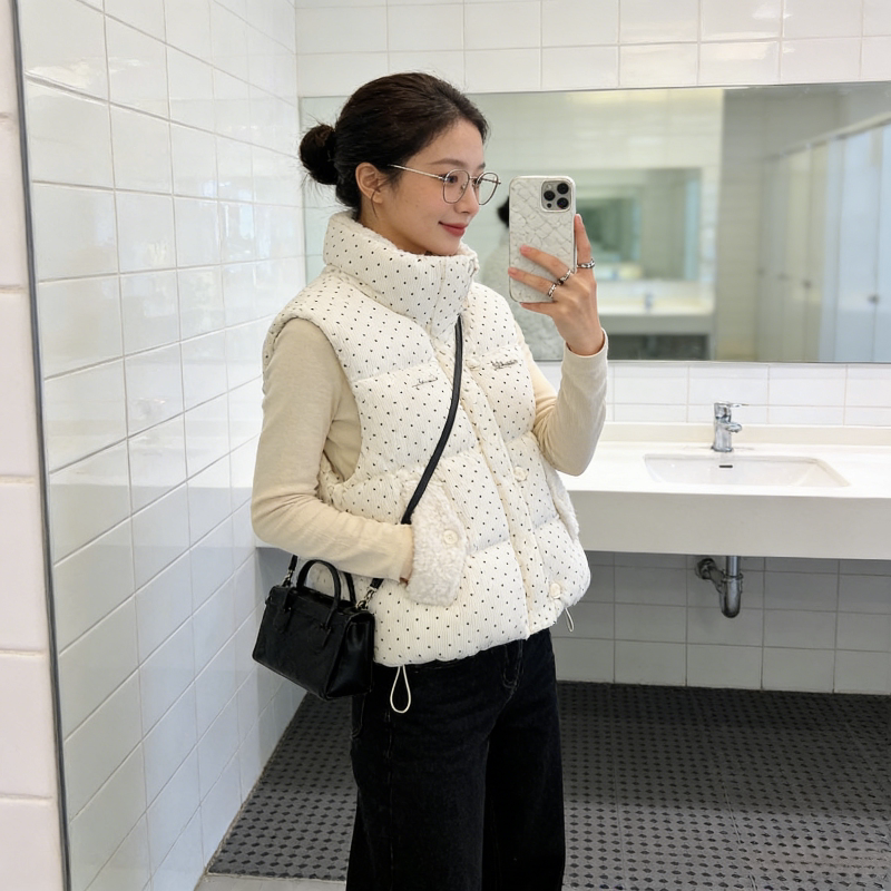 毛茸茸波点减龄设计感短款洋气立领无袖棉服马夹外套女背心马甲潮