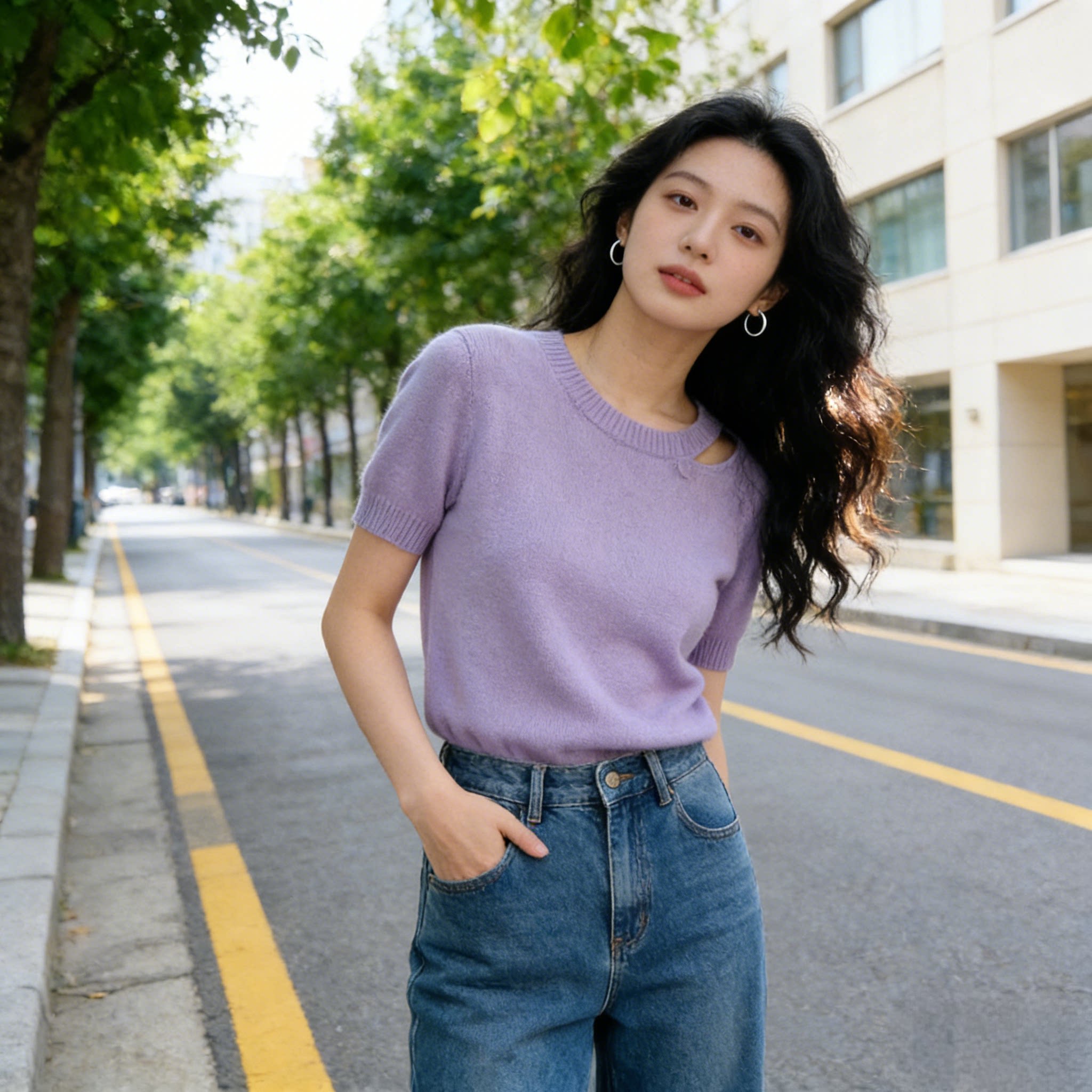 2026夏季新款女士时尚减龄冰丝薄款上衣超好看紫色圆领短袖针织衫