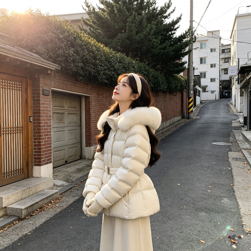 温柔风白色大毛领连帽加厚保暖宽松大码小个子收腰棉服外套女防寒