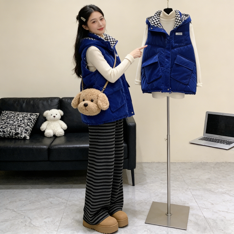 蓝色慵懒风设计感免洗亮面棋盘格宽松大码小个子棉服马夹外套女潮