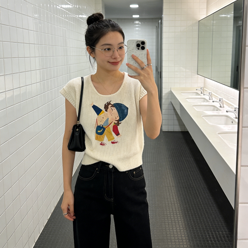 夏季法式镂空冰丝针织短袖T恤衫女子新款超好看印花短款上衣洋气