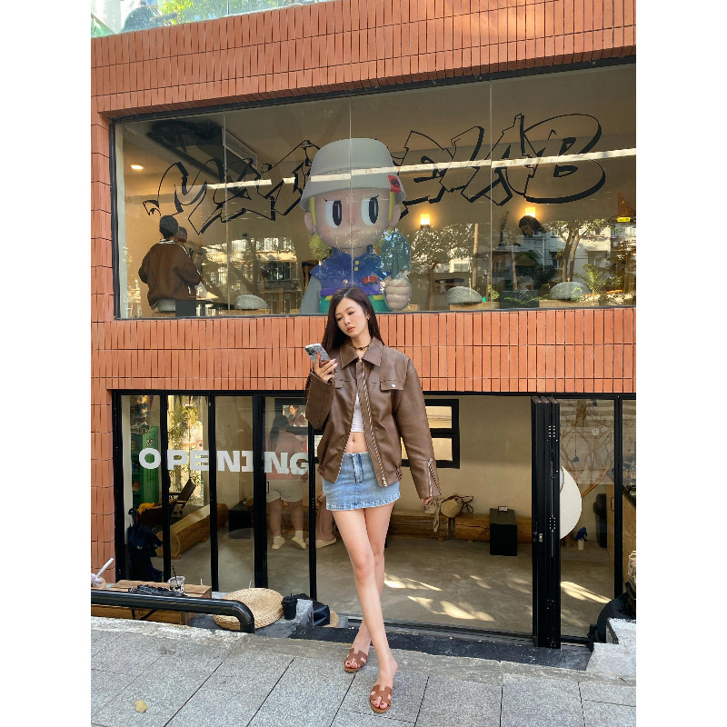 免洗亮面设计感翻领宽松小个子皮衣外套女休闲百搭洋气机车夹克潮