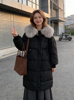 韩系收腰大毛领黑色棉服女款冬季新款过膝加厚保暖学生棉袄外套女