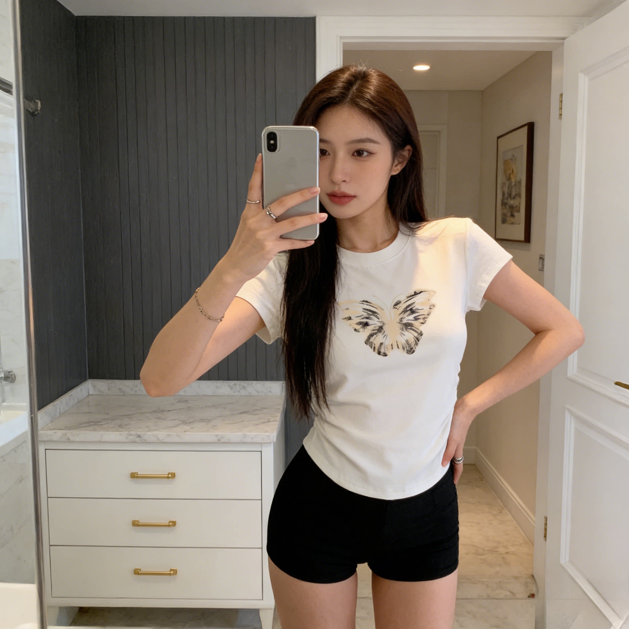 夏季2026新款修身短袖女显瘦圆领短款甜辣上衣法式正肩收腰t恤女