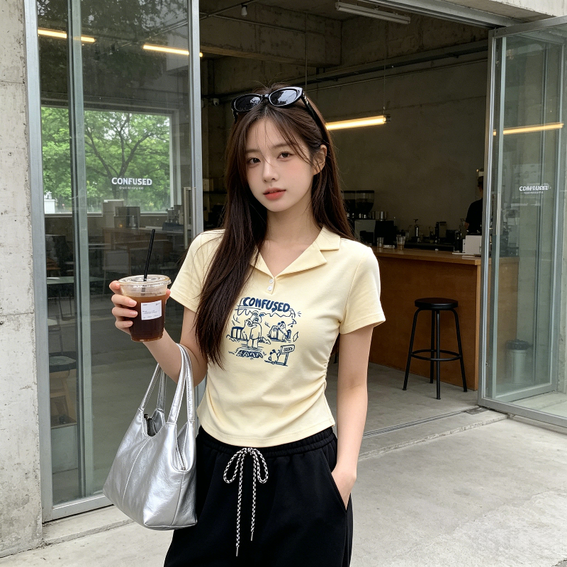 温柔风设计感掐腰修身显瘦短款小个子短袖Polo衫T恤女正肩上衣潮