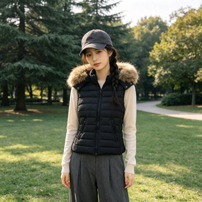 欧货大毛领设计感连帽修身显瘦洋气排骨服秋冬无袖棉服马夹外套女