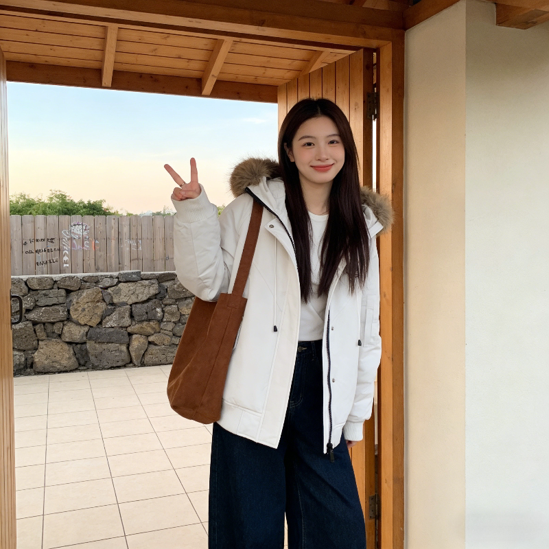 大毛领工装冬季连帽加厚保暖防寒宽松大码小个子派克棉服外套女潮