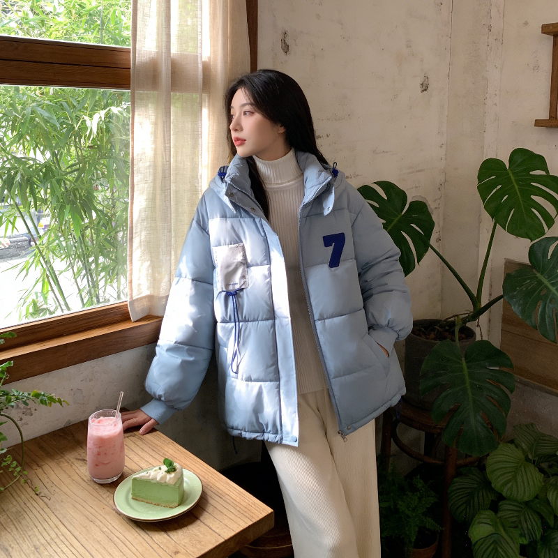 水蓝色连帽减龄加厚保暖防寒宽松大码小个子棉服外套女面包服棉袄