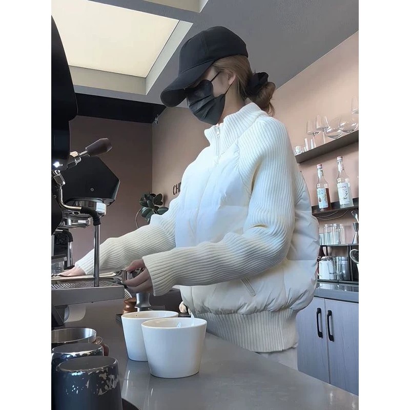 冬季设计感针织袖子拼接加厚保暖休闲小个子立领棉服外套女气质潮