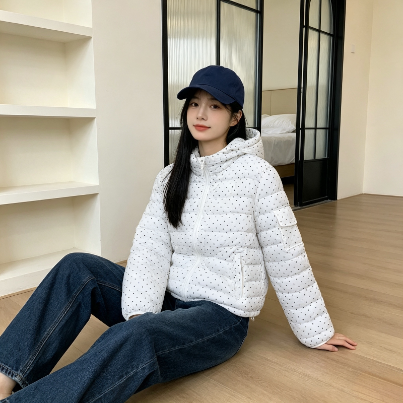 波点连帽小个子洋气减龄轻薄款秋冬保暖防寒棉服外套女洋气百搭潮