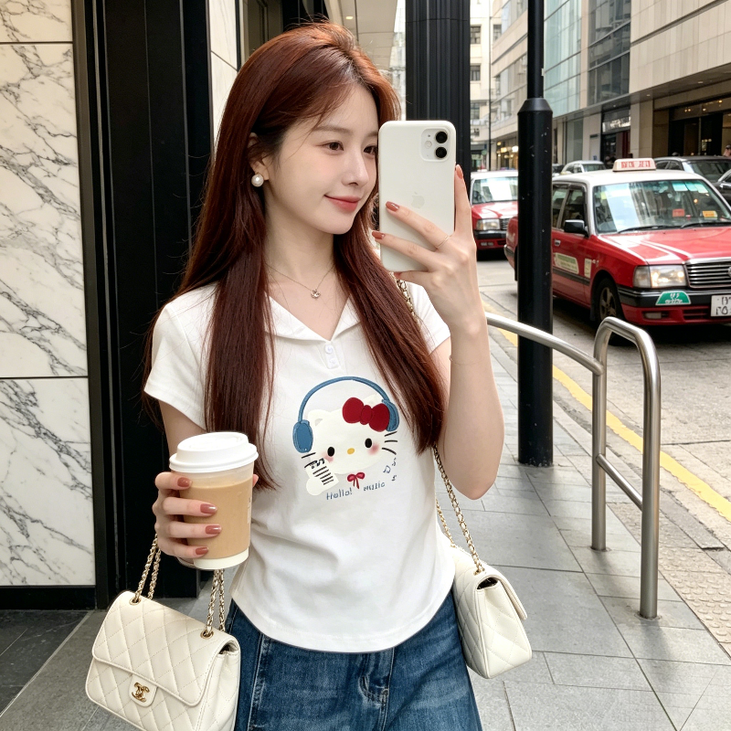 卡通印花Polo衫正肩夏季减龄设计感掐腰显瘦显瘦短袖T恤上衣女潮