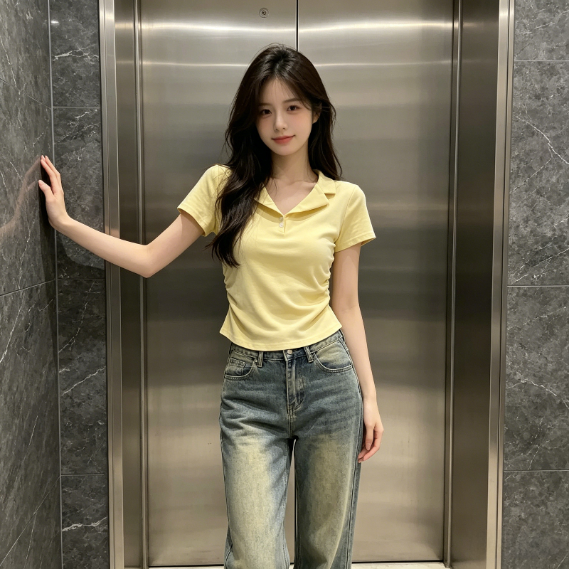 夏季新款设计感修身显瘦polo衫翻领短袖T恤女小个子洋气抽褶上衣