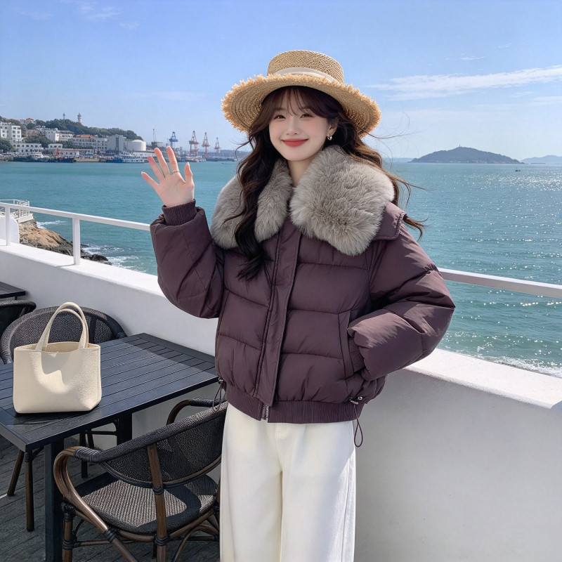 欧货冬季大翻领毛领加厚保暖轻奢气质短款小个子宽松棉服外套女潮