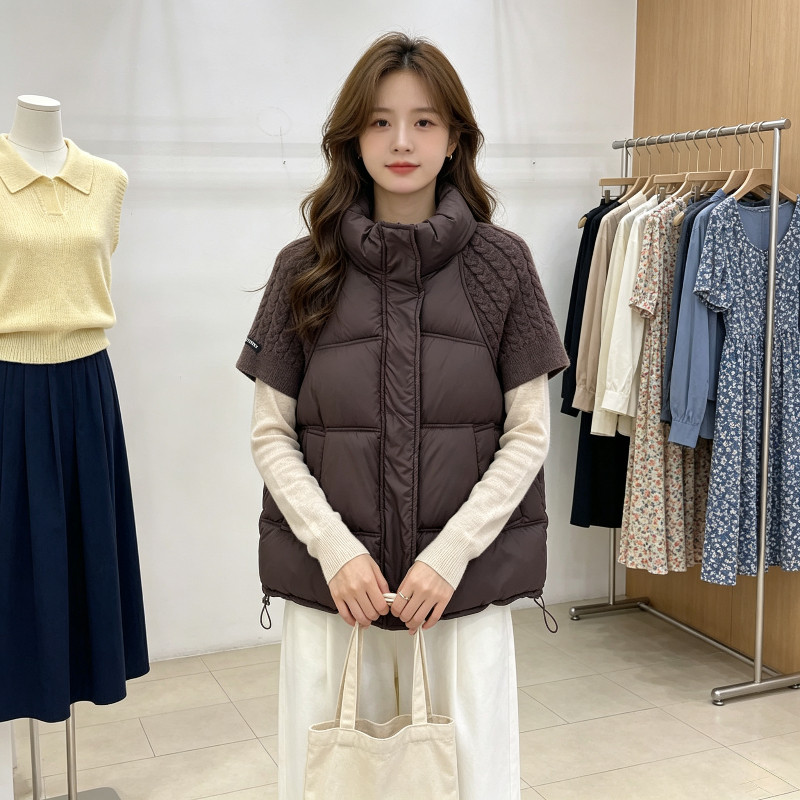 欧货秋冬设计感立领针织短袖拼接休闲宽松大码棉服马夹外套女气质