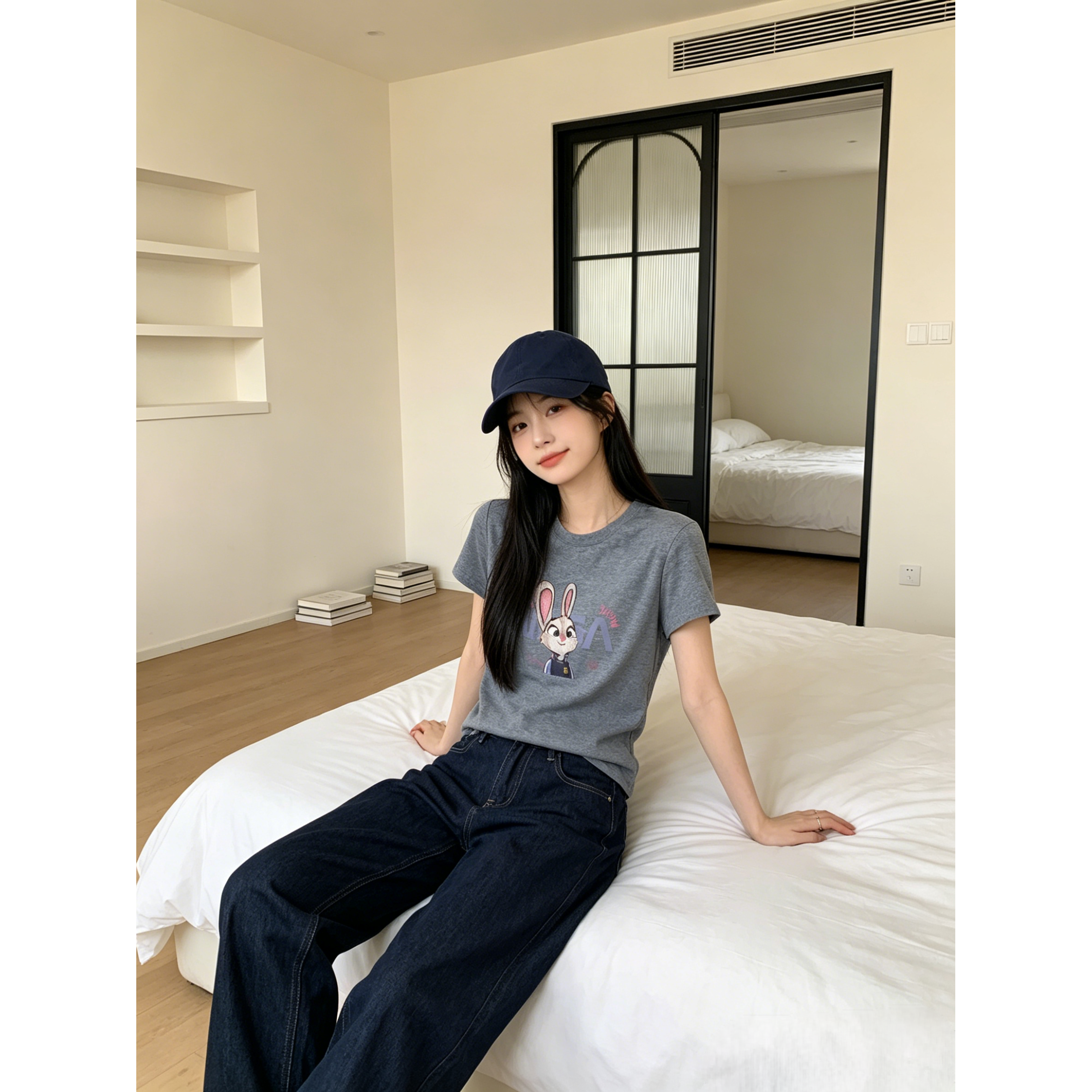兔子印花减龄夏季正肩修身显瘦小个子短袖T恤上衣女洋气百搭韩版