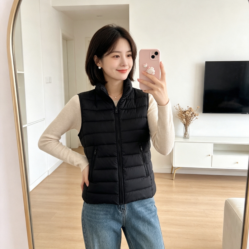 欧货秋冬轻薄款修身显瘦小个子无袖坎肩立领棉服马夹外套女排骨服