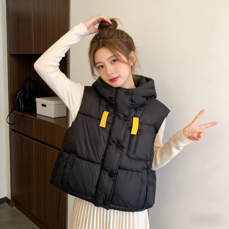 连帽设计感宽松大码小个子无袖坎肩慵懒风棉服马夹外套女背心马甲