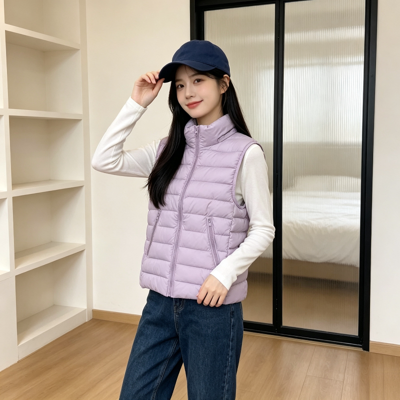 香芋紫减龄立领设计感秋冬无袖坎肩轻薄款棉服马夹外套女排骨服潮