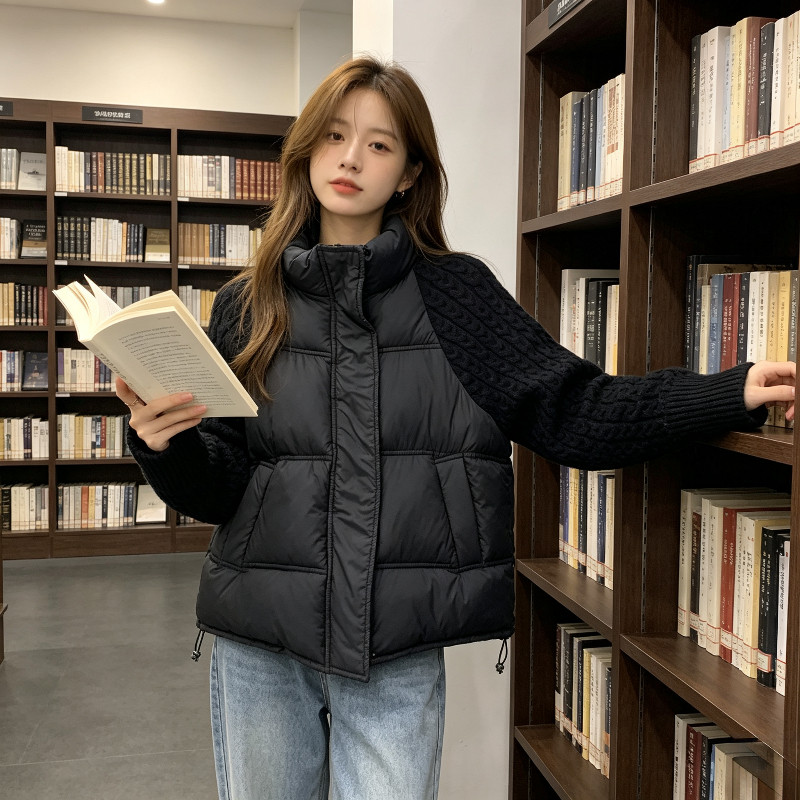 欧货冬季立领针织麻花袖子拼接宽松休闲小个子棉服外套女洋气气质