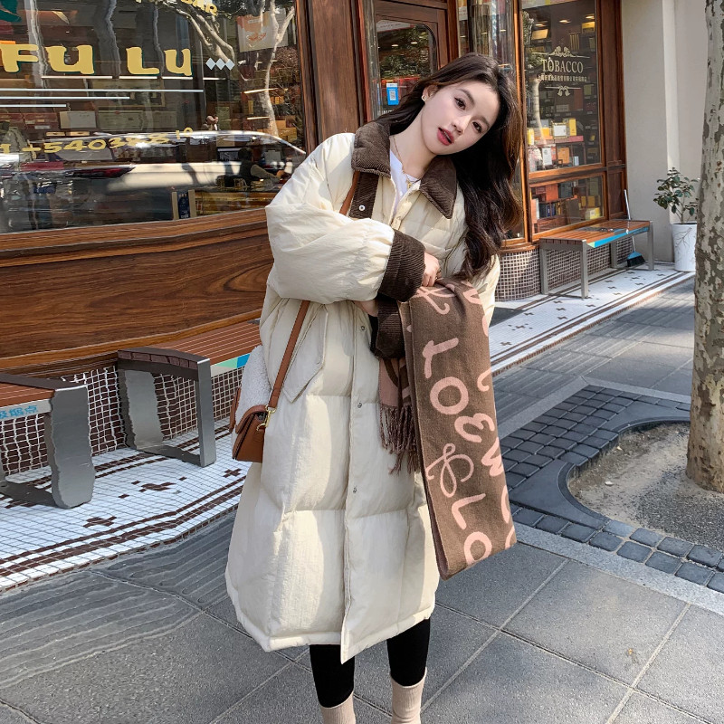 温柔风轻奢气质中长款翻领灯芯绒拼接撞色宽松大码棉服外套女棉袄