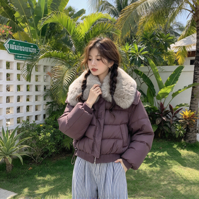 欧货大毛领翻领加厚保暖防寒宽松大码小个子棉服外套女面包服棉袄