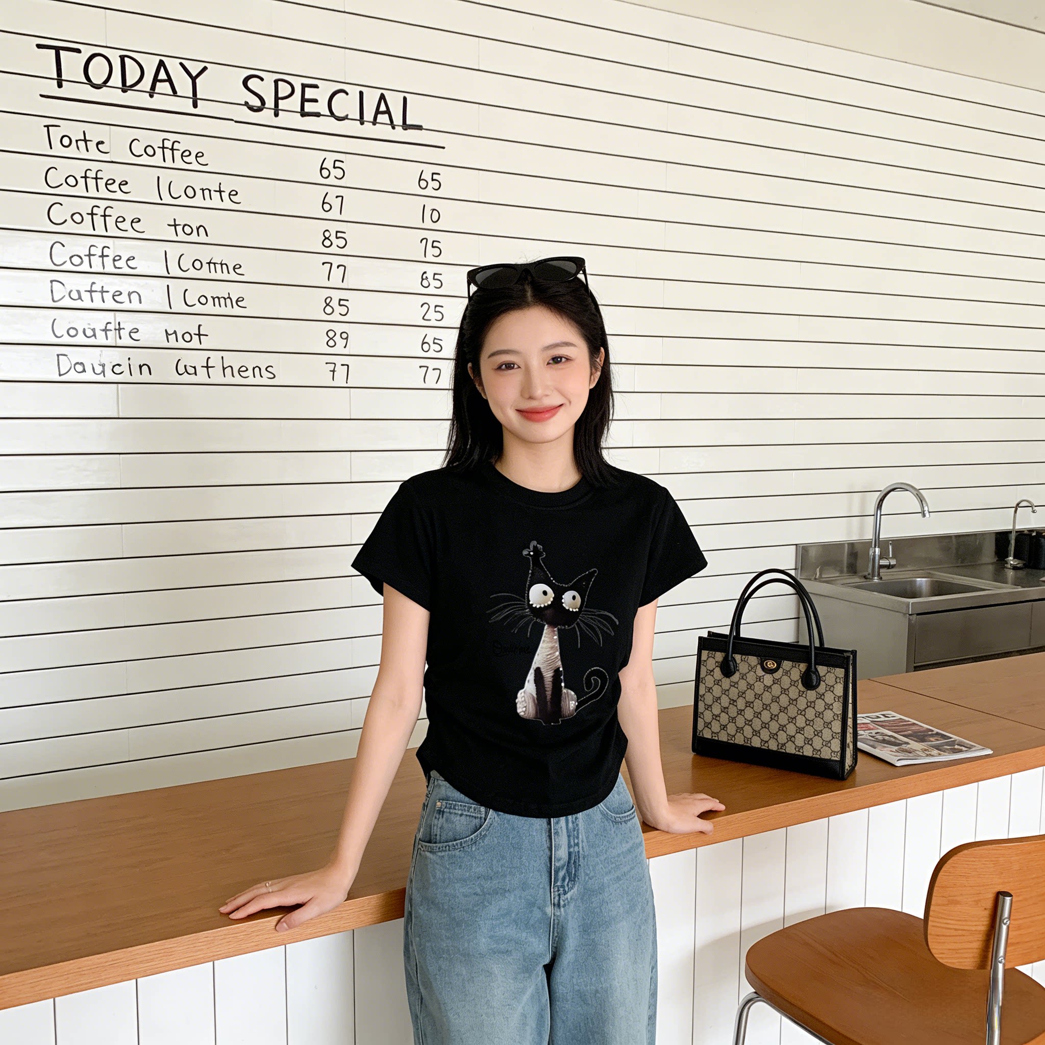 美式复古卡通猫咪短袖T恤女夏季新款辣妹修身显瘦小个子印花上衣