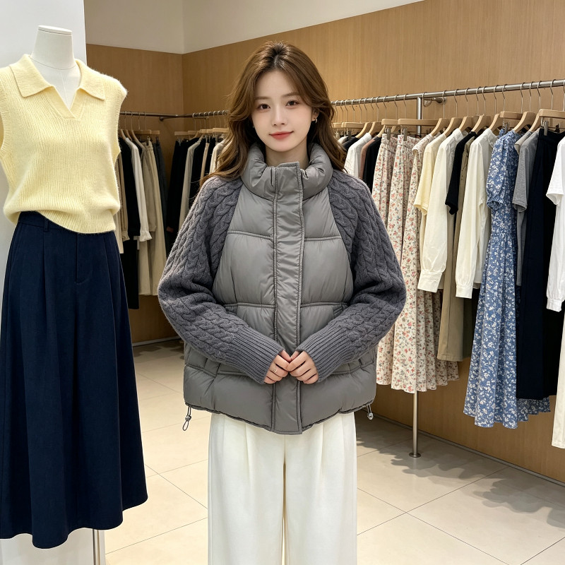 欧货冬季立领针织麻花袖子拼接宽松休闲百搭小个子棉服外套女棉袄