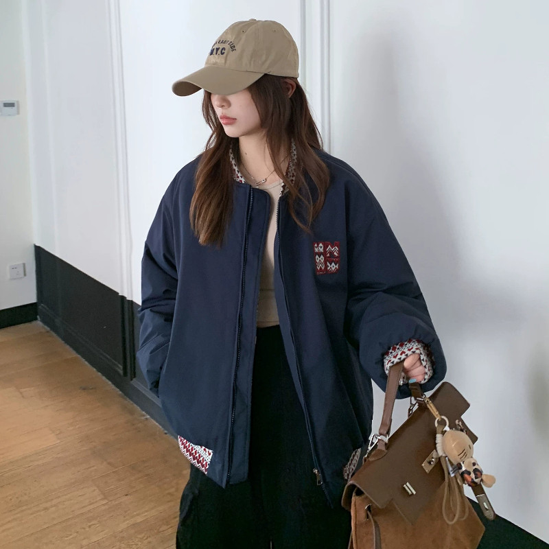 港风立领加厚夹棉棒球服外套女宽松大码小个子oversize棉衣休闲